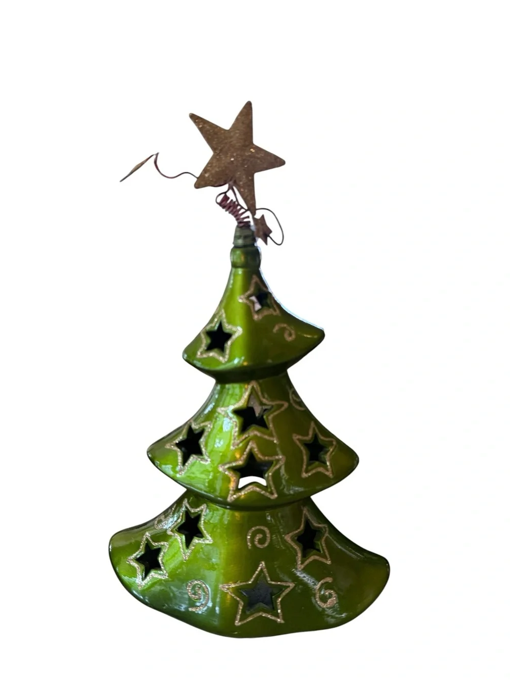 Pier 1 Imports Christmas Tree Tea Light Candle Holder Green Ceramic Gold Stars